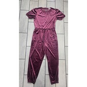 Madison + Hudson Burgundy Velvet Jumpsuit XL Short Sleeve Jogger Velour Wine